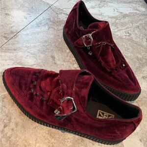 T.U.K Men's Burgundy Velvet Loafers with Silver Buckle